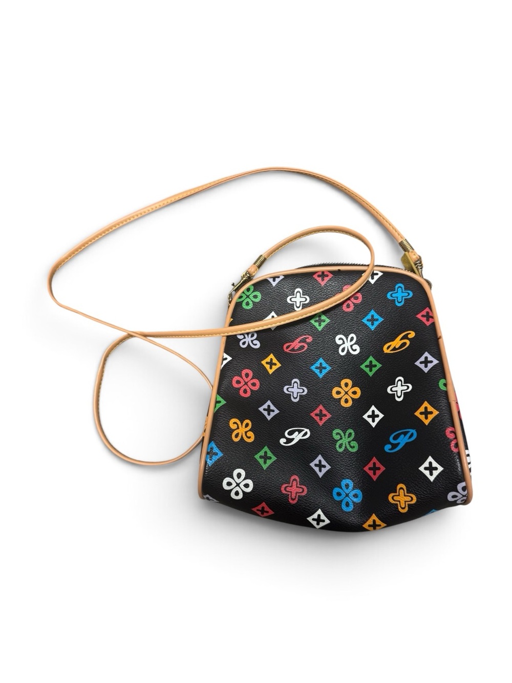 Black Multicolor Monogram Print Crossbody Bag Tan Trim Adjustable Strap Y2K Fun